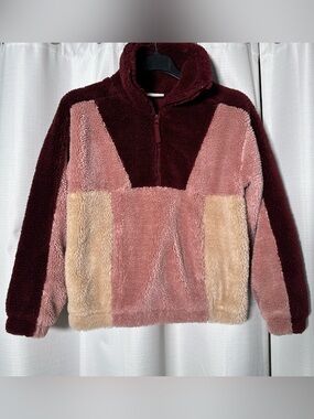 Easy Standard Jill Sherpa Color Block Pullover Quarter Zip in Berry